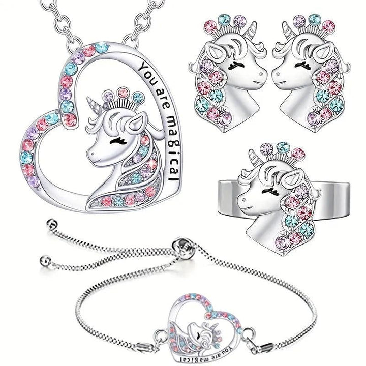 Gorgeous Unicorn Jewelry Set Cute Cartoon Style Unicorn Necklace Earrings Ring Bracelet Perfect Women’s Jewelry Christmas Gifts-THAT FASHION STORE