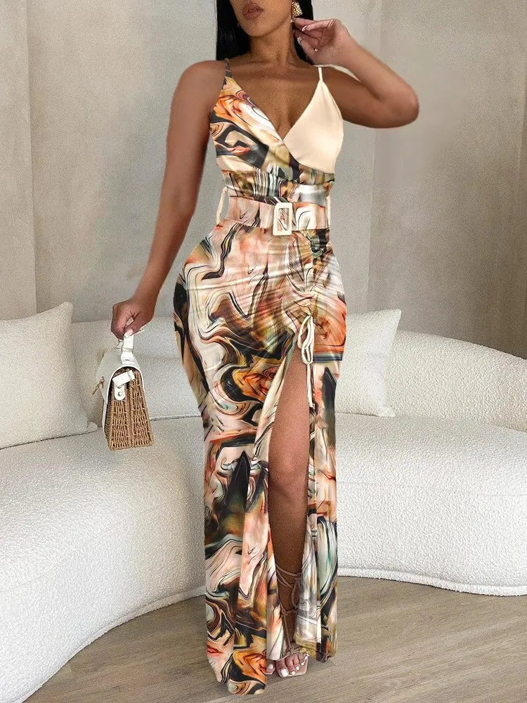 Elegant Women's Sling Bodycon Dresses 2024 Summer Sexy V Neck Striped Print High Slit Drawstring High Waist Long Dress With Belt - THAT FASHION STORE