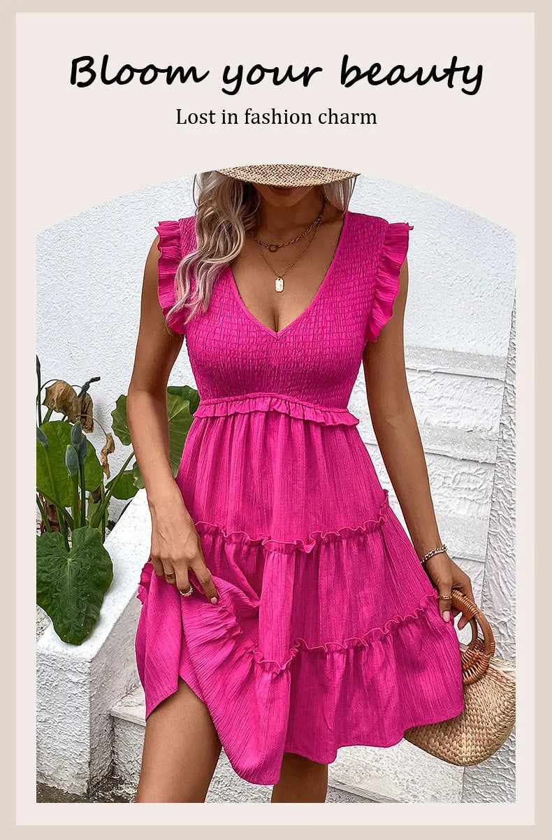 Summer Midi Dresses For Women Casual Red Ruffle Big Hem Holiday Beach Dress Fashion Sleevelee V Neck New In Dresses 2024 - THAT FASHION STORE