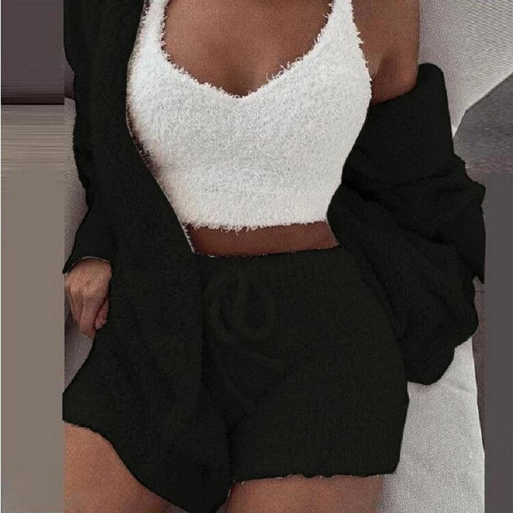 Fluffy Pajamas Set for Women Casual Sleepwear Tank Top and Shorts Plus Size Hoodie Leisure Homsuit Winter 3 Pieces Pijamas-THAT FASHION STORE