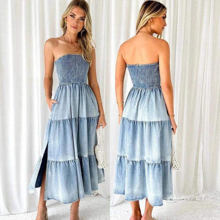 2024 New Elegant Holiday Strapless Long Dress for Summer Vestidos Hem Stitching Side Split Fashion Women Denim Long Dress-THAT FASHION STORE