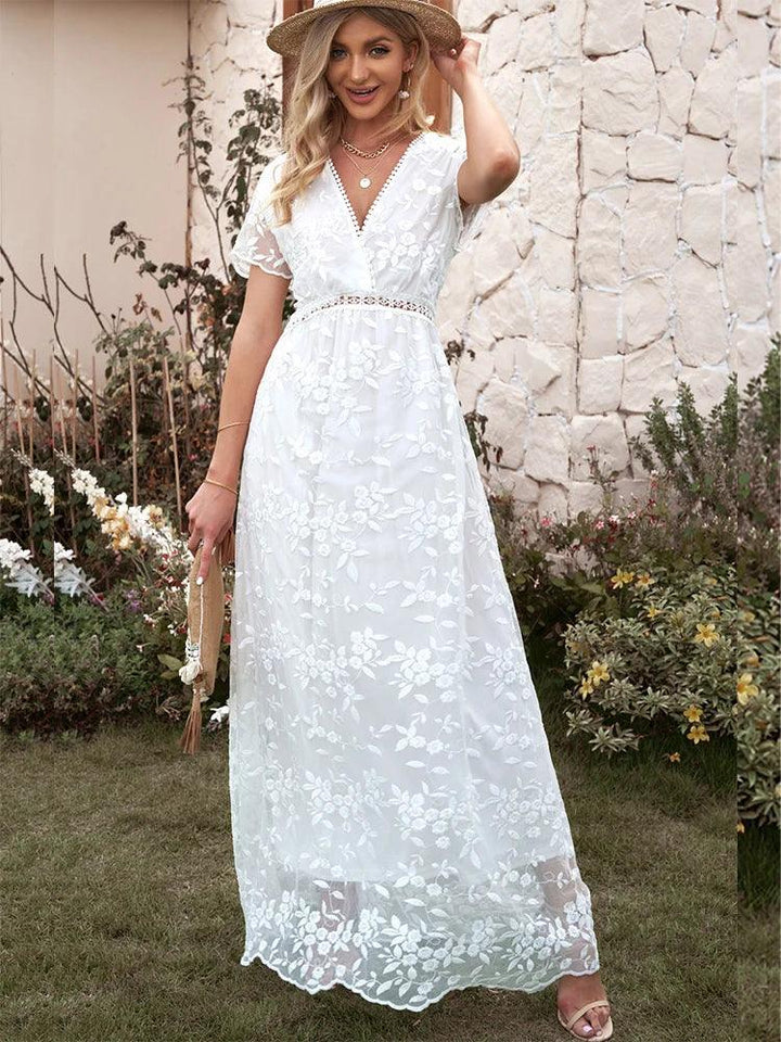 Embroidery Boho Long Dress Women Elegant Hollow Out Lace Holiday Beach Dress Female Fashion V Neck Short Sleeve Maxi Dress 2023-THAT FASHION STORE