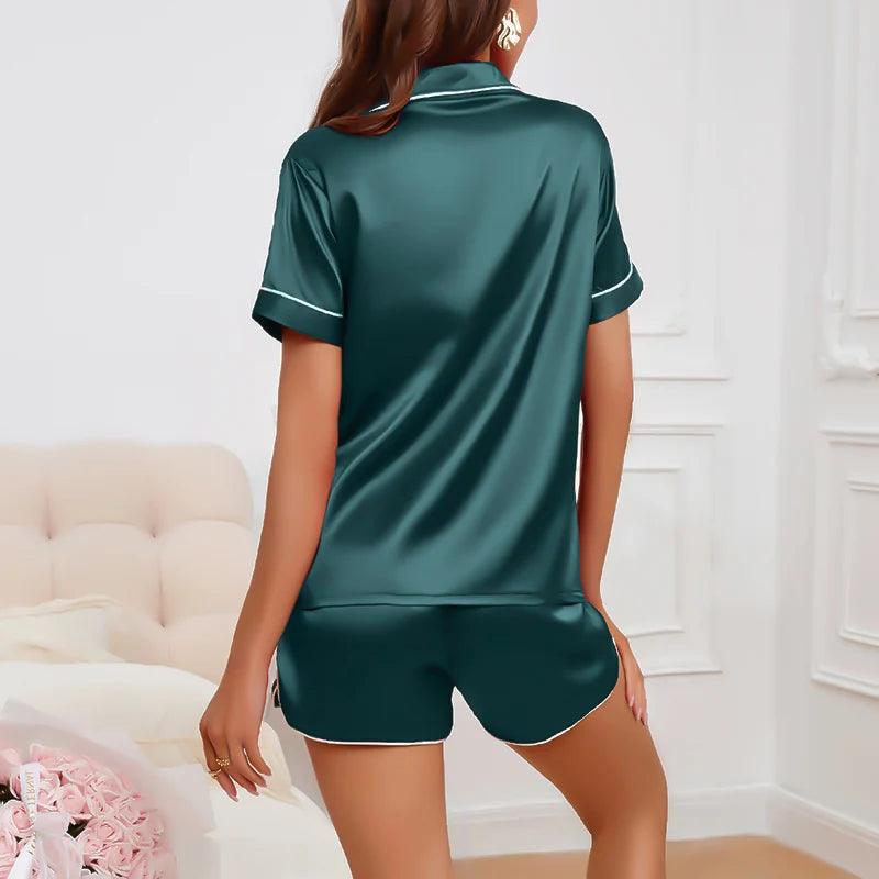 2pcs Heart Embroidered Pajama Set Satin Button-Down Short Sleeve Tops & Elastic Shorts Pyjama Women's Sleepwear & Loungewear Pjs-THAT FASHION STORE