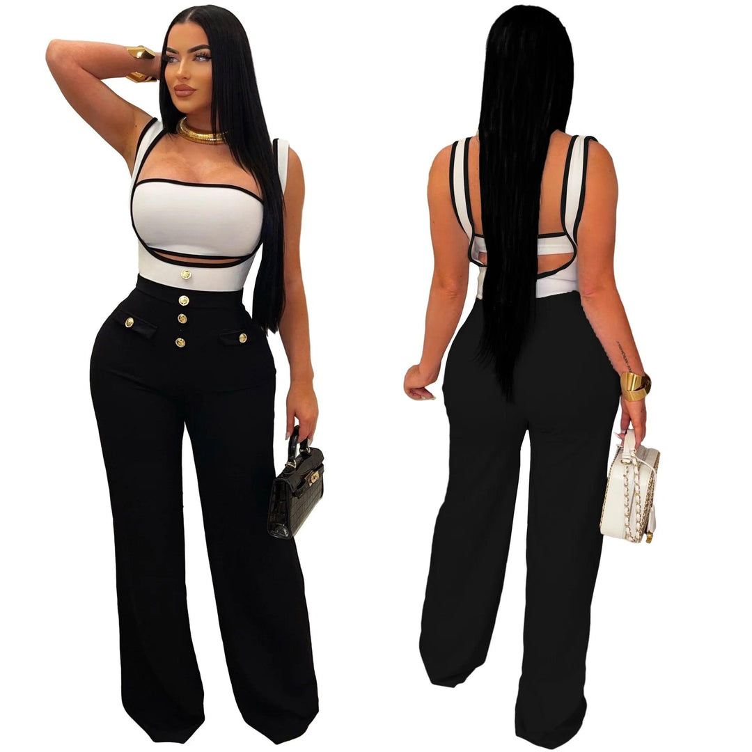 Jumpsuits Women Sexy Sleeveless High Waist Rompers Solid Backless Suspenders Overalls One Piece Button Spliced Regular-THAT FASHION STORE