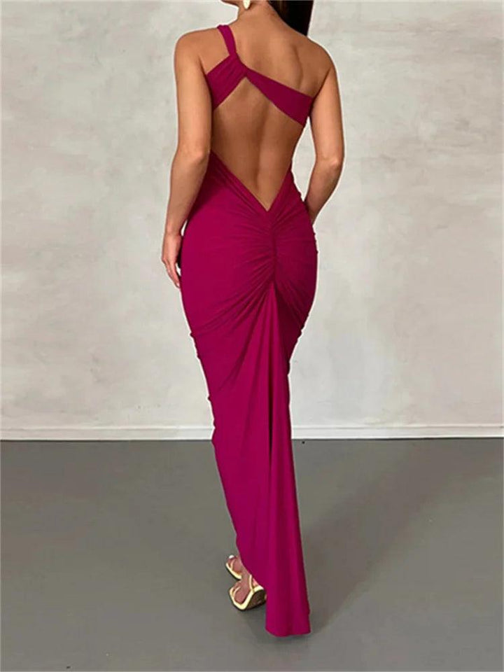 CHRONSTYLE Sexy Backless Ruched Long Dress Women Sleeveless Single Strap Off Shoulder Bodycon Party Club Dresses Female Vestidos-THAT FASHION STORE