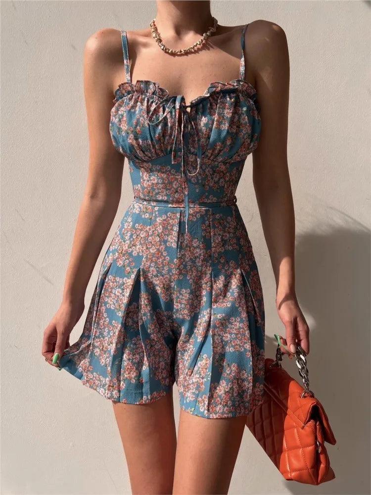 Summer Sexy V-neck Spaghetti Strap Women's Jumpsuit Fashion Floral Print Sleeveless Lace-up Playsuit Elegant Beach Jumpsuits-THAT FASHION STORE