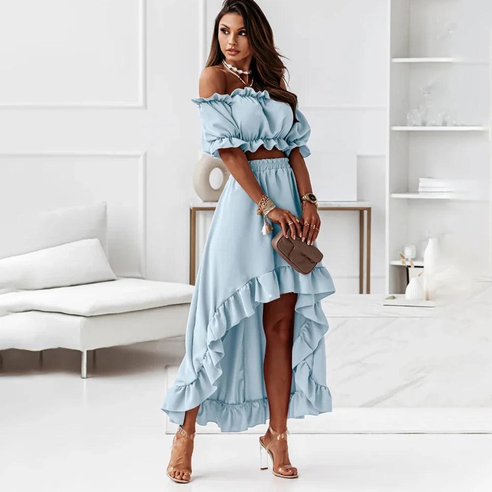 Sexy Off Shoulder Two Piece Set Women Summer Ruffle Backless Outfits Puff Sleeve Strapless Beach Party Skirts 2 Piece Sets Robe-THAT FASHION STORE