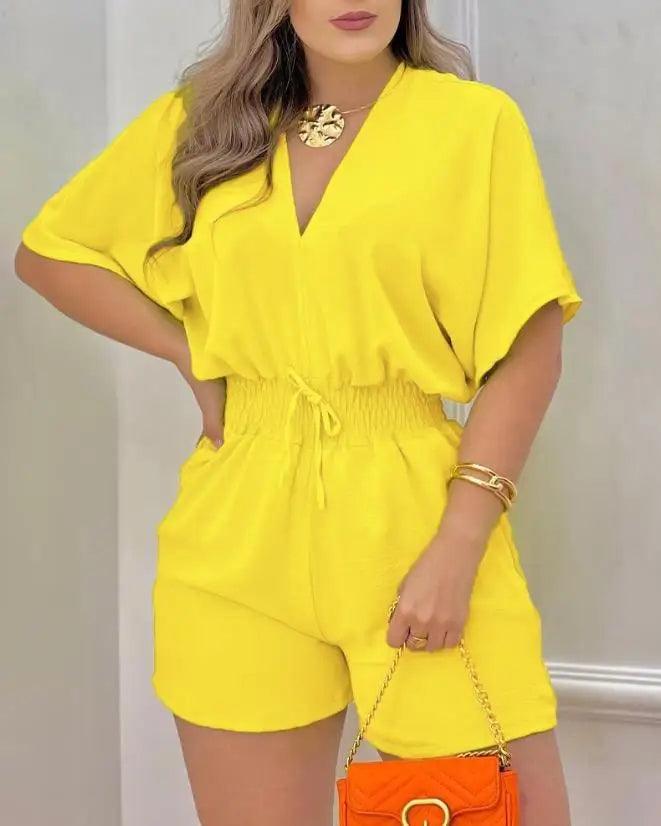 Jumpsuit Women 2023 Summer Fashion Batwing Sleeve Shirred Waist Casual Plain V-Neck Short Sleeve Above Knee Romper Streetwear-THAT FASHION STORE