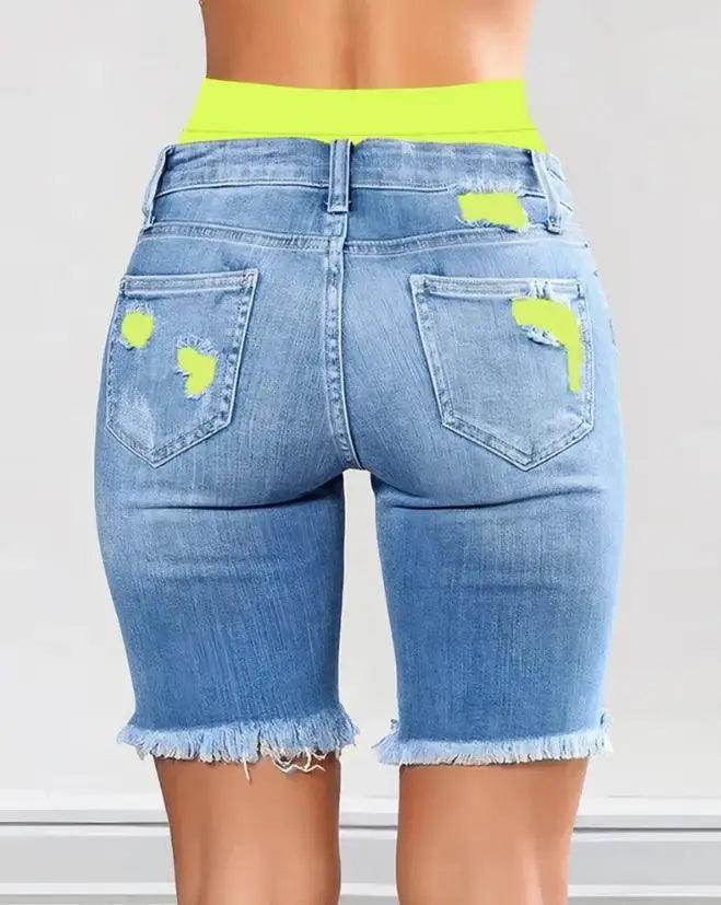 2023 Elegant Summer New Fashion Women's Colorblock Letter Print Ripped 2-In-1 Denim Skinny Shorts Female Casual Bottom-THAT FASHION STORE