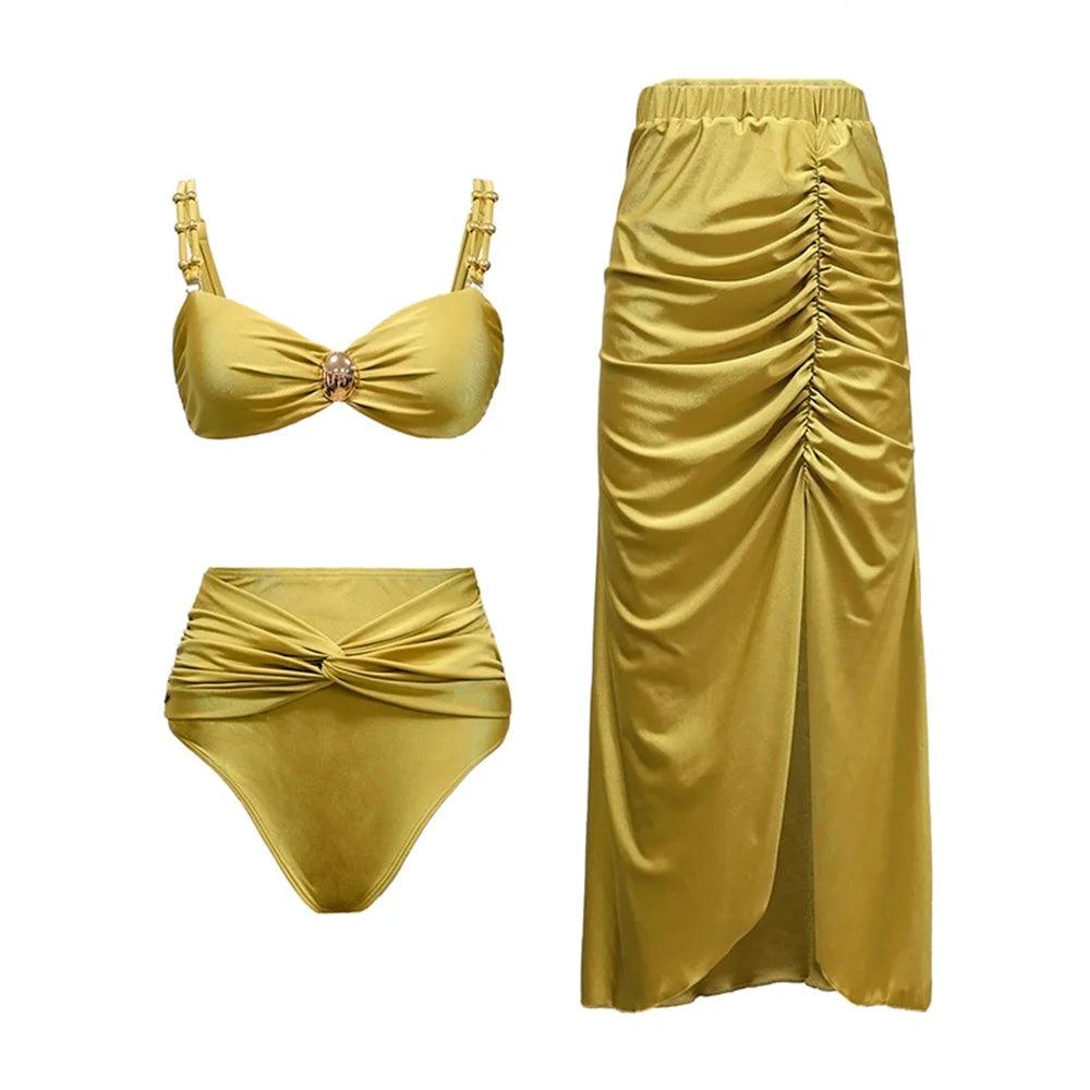 2024 summer fashion women sexy solid color yellow two-piece swimsuit women's high-waisted bikini beach vacation beach swimsuit-THAT FASHION STORE