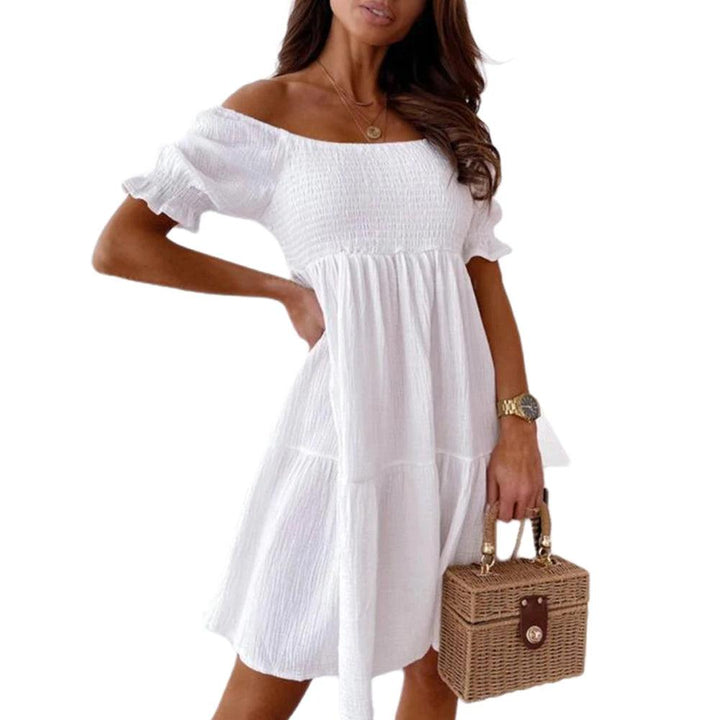 Women Sexy Dress Summer Ladies Beach Swing Off Shoulder Sundress Soild Casual Loose Pleated A-line Sun Dress-THAT FASHION STORE