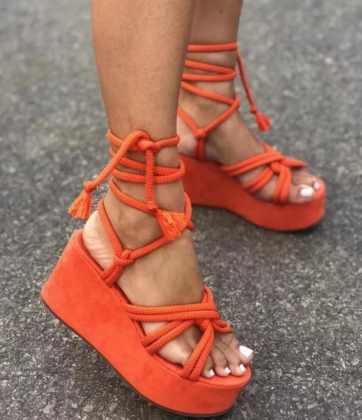 2024 Summer New Platform Wedge Sandals for Women Fashion Round Toe Cross Tied Height Increase Open Toe Femme Sandal Plus-THAT FASHION STORE