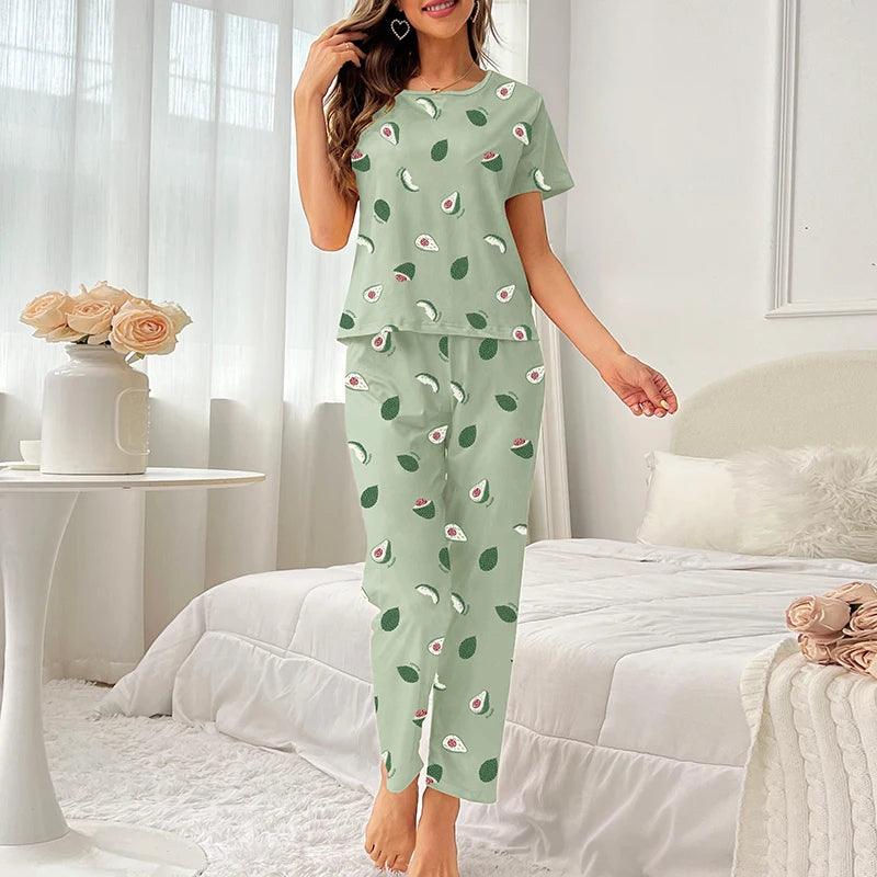 Womens Pajamas Sleepwear Set Soft Comfortable Short Sleeve Tops With Long Pants Pajama 2 Pieces Lingerie Women Home Clothes Suit-THAT FASHION STORE