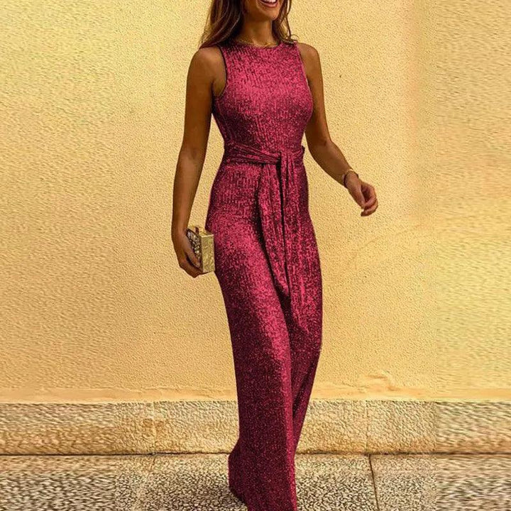 Sexy Backless Sequins Women Jumpsuits Elegant O Neck Sleeveless Lace Up Casual Rompers Glitter Party Clubwear Female Clothes-THAT FASHION STORE