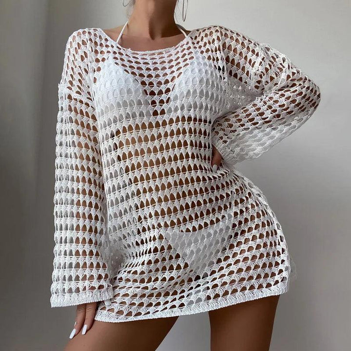 See Through Hollow Out Bikini Cover Ups Tops Women Beachwear Long Sleeve Beach Dress Crop Tops Crochet Swimsuit Cover-Up 2024-THAT FASHION STORE