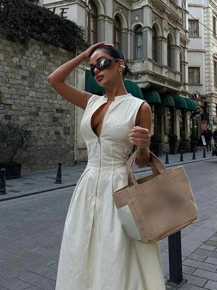 Elegant Zipper Slim Pleated Maxi Dress Women Fashion Solid V-neck Sleeveless Dresses 2024 Summer New Office Lady Commuting Robe-THAT FASHION STORE