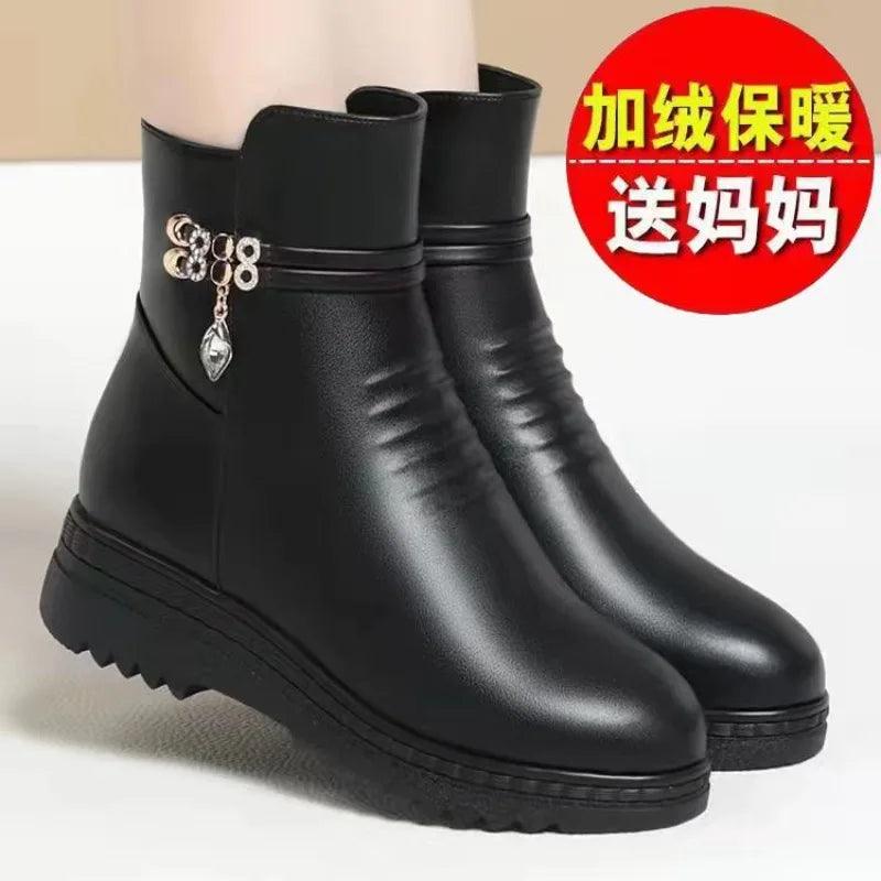 Leather Women Boots 2023 Winter Thick Wool Lined Genuine Leather Women Snow Boots Large Size Women Winter Shoes-THAT FASHION STORE