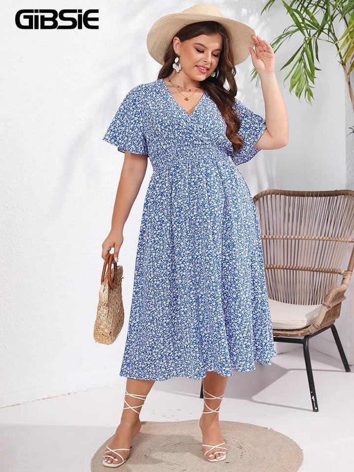 GIBSIE Plus Size Ditsy Floral V-Neck Boho Long Dress Women Summer Short Sleeve High Elastic Waist Holiday A-Line Dresses 2023-THAT FASHION STORE