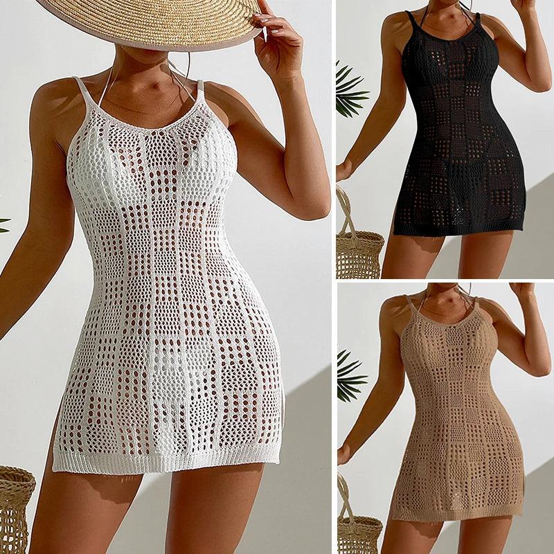 Women's Knitted Round Collar Texture Short Dress Summer Vacation Hollow Out Sexy Beachwear Cover Up Women See-Through Slip Dress-THAT FASHION STORE