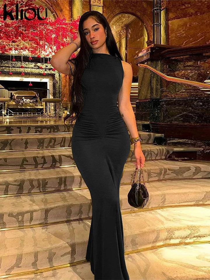 kliou Solid Elegant Maxi Dress Women Classic Simple Sleeveless O-neck Body-shaping Ruched Robe Female 2024 New Party Vestidos-THAT FASHION STORE