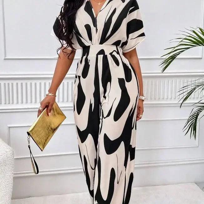 One Piece Women Print V Neck Half Sleeve Loose Wide Leg Long Pants Overalls Casual Splice Romper Tight High Waist Jumpsuits-THAT FASHION STORE