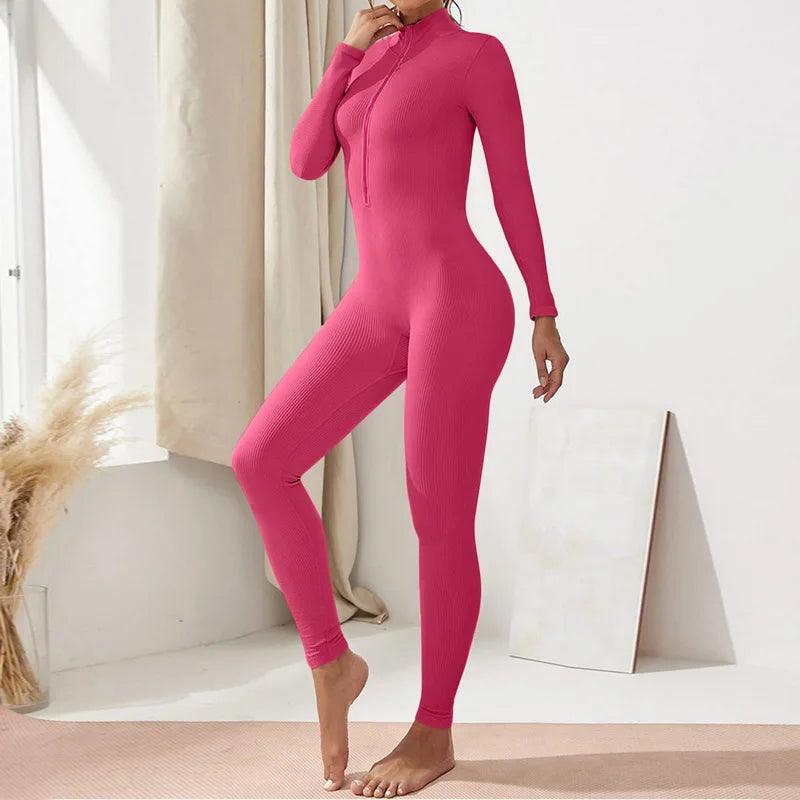 2023 Women Sports Bodysuit Long Zip Elastic One Piece Yoga Thread Dance Sexy Ladies Push Up Training Jogging Activewear-THAT FASHION STORE