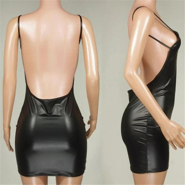 Sexy Faux Leather Dress Backless Club Party Short Dress Solid Black Wet Look Latex Bodycon Push Up Bra Mini Micro Dress-THAT FASHION STORE