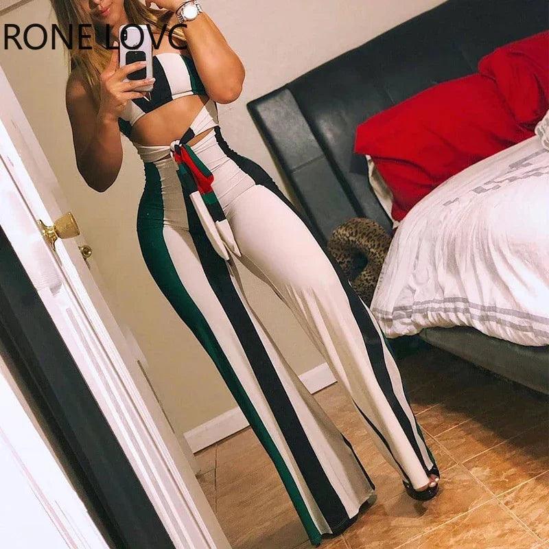 Women Skinny Striped Colorblock Lace up Cutout Bandeau Jumpsuit Summer Sexy Romper Jumpsuit-THAT FASHION STORE