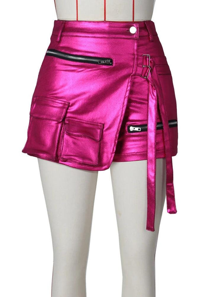 Kricesseen Trendy Half Wrap Faux Leather Shorts Fashion Pockets Details Zippers Metallic Shorts Festival Outfits Sexy Clubwear-THAT FASHION STORE