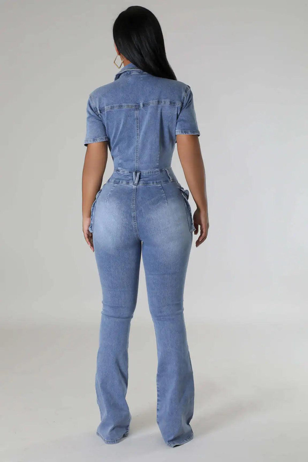 Women Jumpsuit Fashion Pocket Short Sleeve Tight Waist Denim Jumpsuits Lady Slim Fit Stretch Washed Flare Leg Jeans Jumpsuits-THAT FASHION STORE