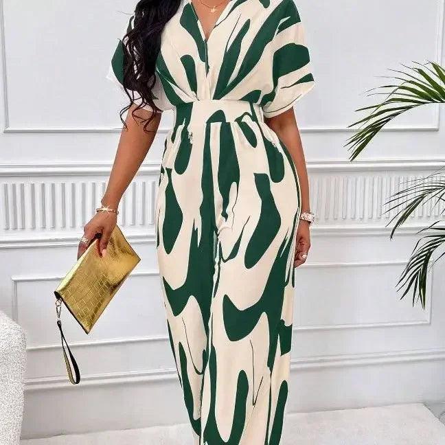 One Piece Women Print V Neck Half Sleeve Loose Wide Leg Long Pants Overalls Casual Splice Romper Tight High Waist Jumpsuits-THAT FASHION STORE