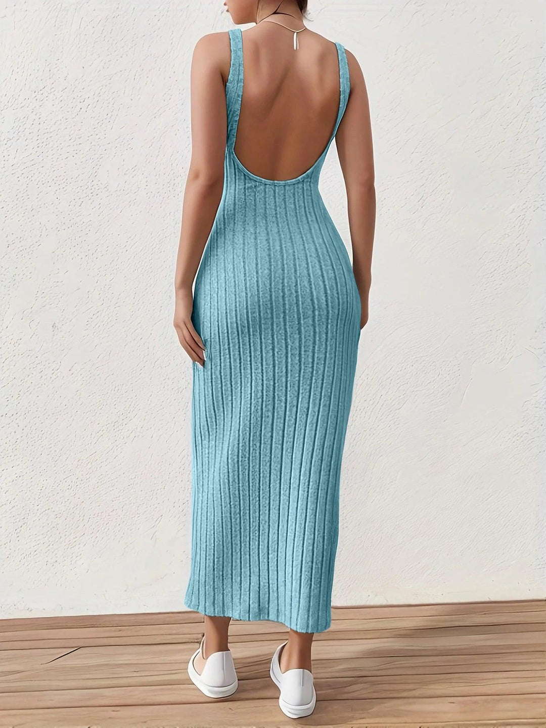 Solid Backless Tank Dress，Summer new sexy backless mid-length knitted sleeveless dress-THAT FASHION STORE