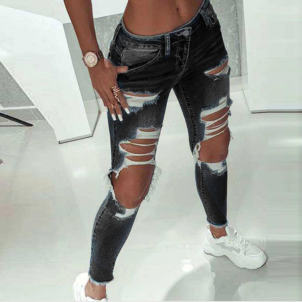 2023 New Women Fashion Mid Waist Boyfriend Big Ripped Hole Jeans Casual High Street Denim Pants Sexy Vintage Pencil Jeans-THAT FASHION STORE