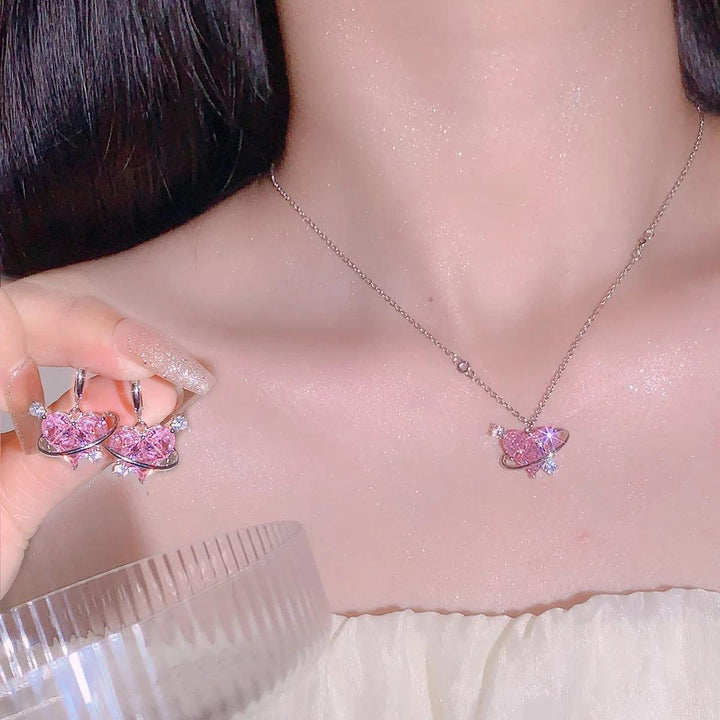 New Fashion Earrings Necklaces Set for Women Heart-shaped Zircon Pink Crystal Pendant Necklace Women's Jewelry Exquisite Gifts-THAT FASHION STORE