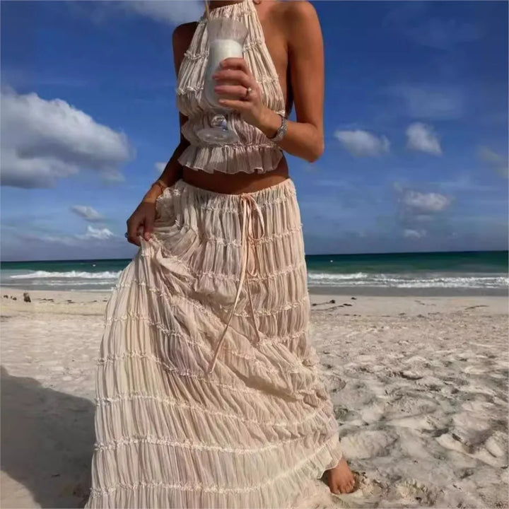 Chic Backless Halter Neck Maxi Skirt Set for Women - Trendy Two-Piece Lace Up Outfit for Spring/Summer 2024 - THAT FASHION STORE