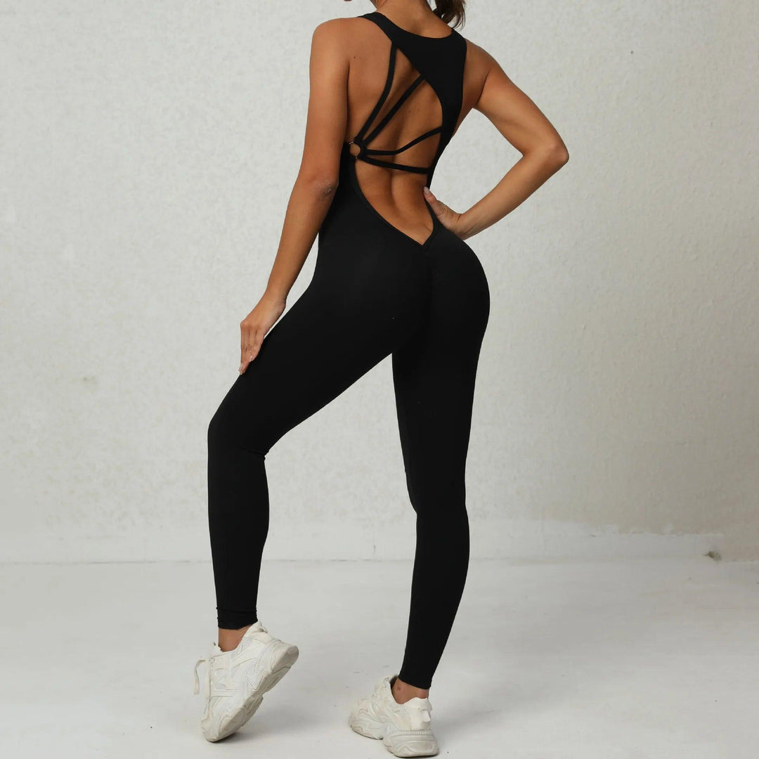 Women Hollow Out Yoga Set Activewear Sexy Bandage Sleeveless Jumpsuit Skinny Rompers Solid Elastic Bodycon Fitness Sport Suits-THAT FASHION STORE