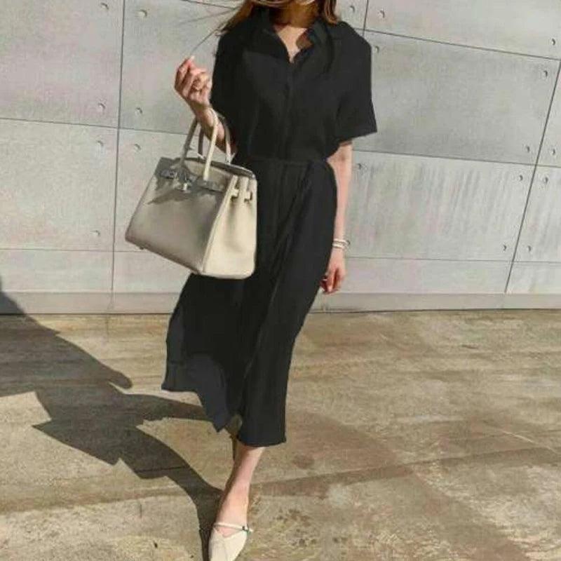 Summer Cotton and Linen Long Dress Fashion New Polo Neck Single Breasted Shirt Dress Casual Simplicity Loose Lace-up Vestidos-THAT FASHION STORE