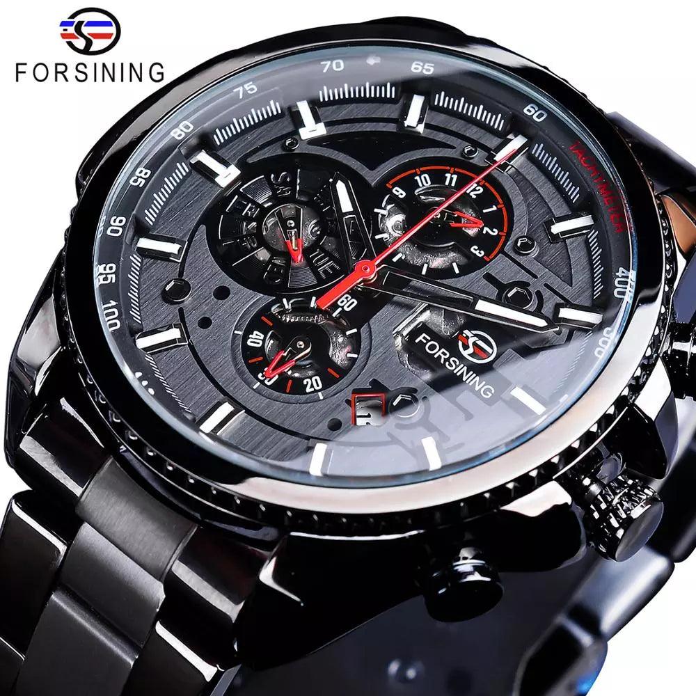 Forsining Three Dial Calendar Stainless Steel Men Mechanical Automatic Wrist Watches Top Brand Luxury Military Sport Male Clock-THAT FASHION STORE