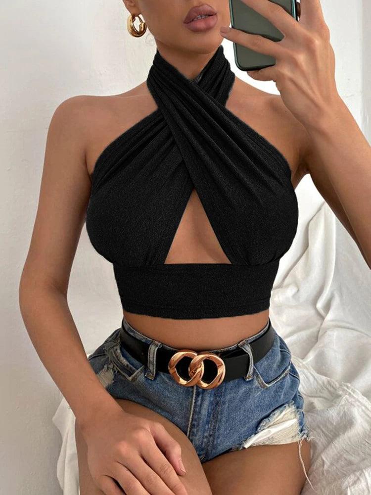 Woman Summer Fashion Sexy Tank Tops Casual Sleeveless Vest Ladies Elegant Cross Halter Blouse Street Hipster Camisole Top-THAT FASHION STORE