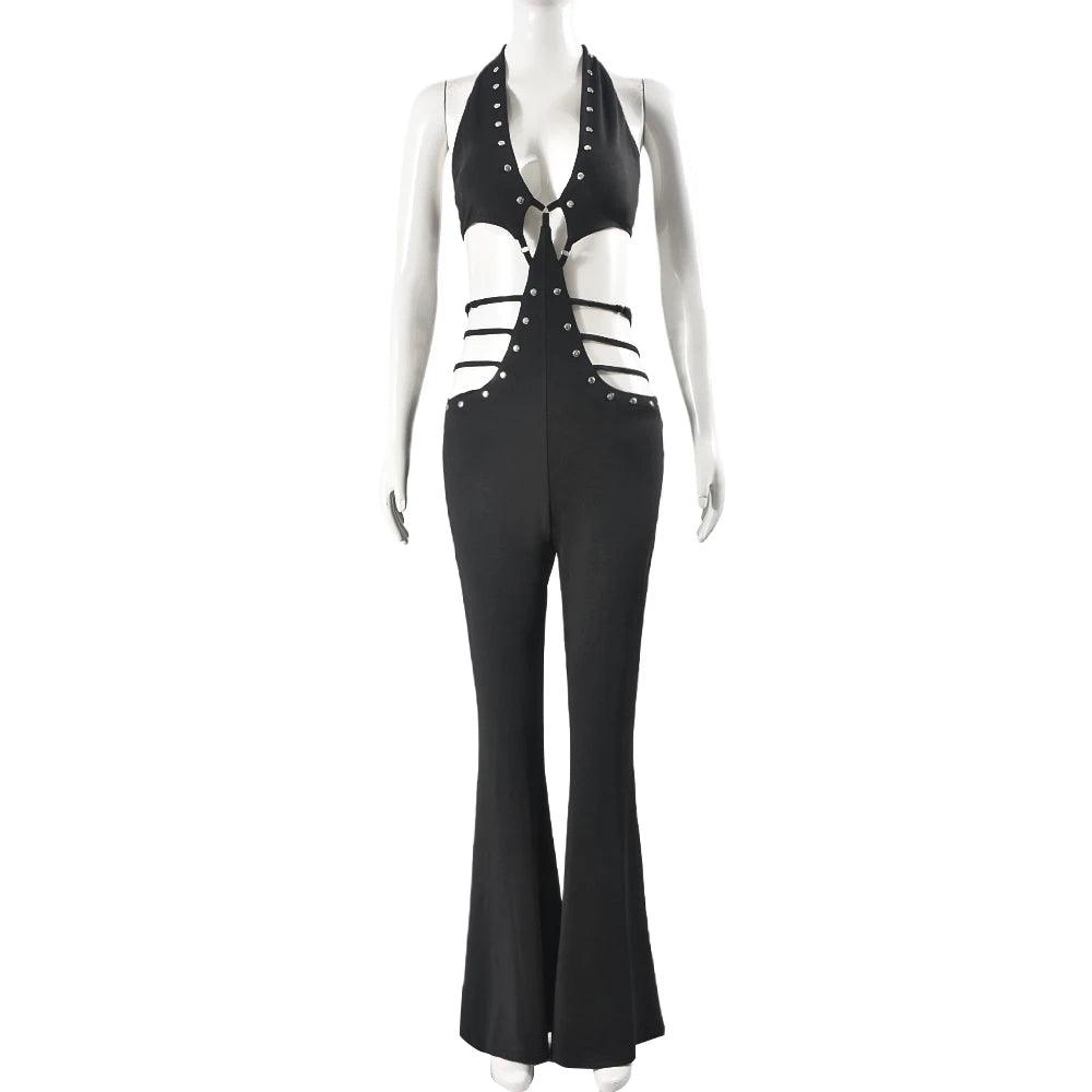 Sexy Halter Lace Up Backless Hollow Out Jumpsuits Women Eyelets Bandage Flare Pants One Piece Rompers 2024 Summer Grunge Clothes-THAT FASHION STORE