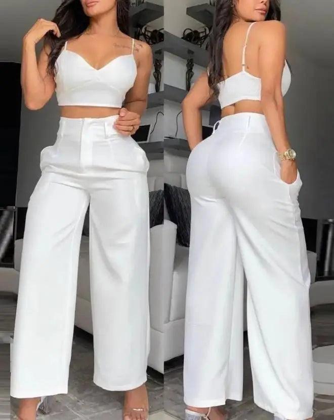 Two Piece Set Women Outfit Summer Fashion Spaghetti Strap Crop Cami Top & Casual Pocket Design High Waist Wide Leg Pants Set-THAT FASHION STORE