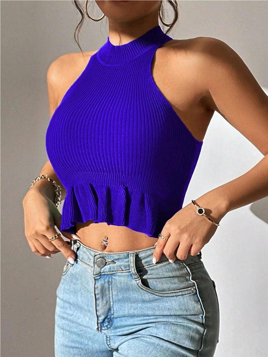 Spring Summer Women Sleeveless Ruffle Hem Crop Knit Top Femme Coquette Casual Knitwear Corset Tank Tops Clothes-THAT FASHION STORE