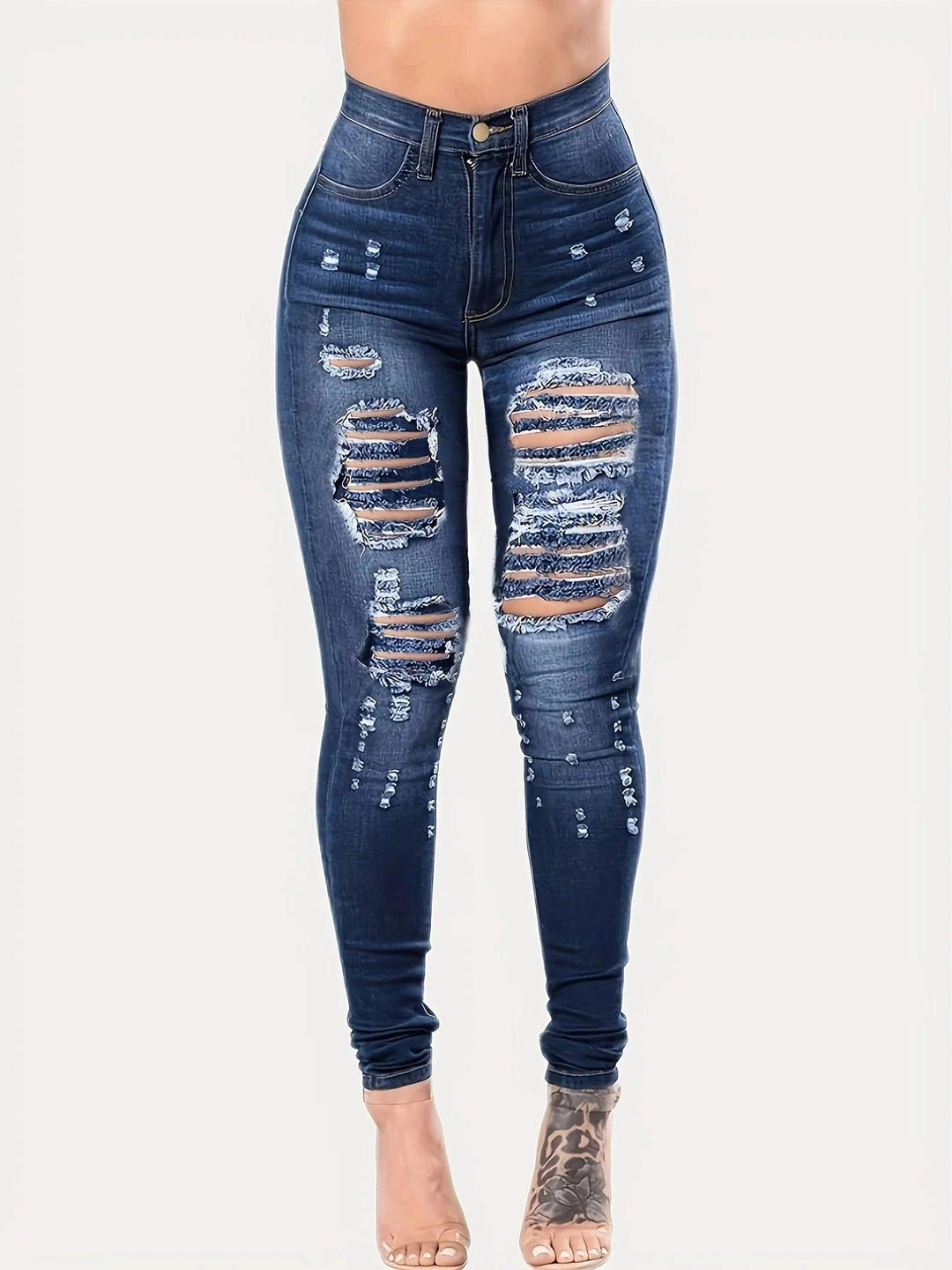 Blue Ripped Holes Skinny Jeans, Distressed High Waist Slim Fit Slash Pockets Denim Pants, Women's Denim Jeans & Clothing-THAT FASHION STORE