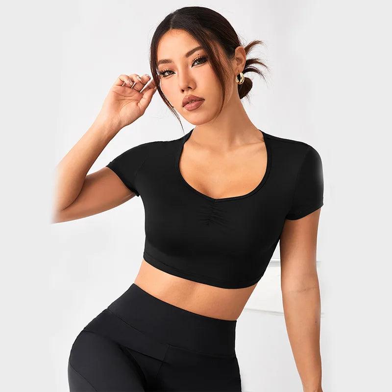 Short Sleeve Solidcolor Yoga Pilates Shirts for Women Quick Dry Elastic Slim Fit Crop Top Running Workout Breathable Sportswear-THAT FASHION STORE