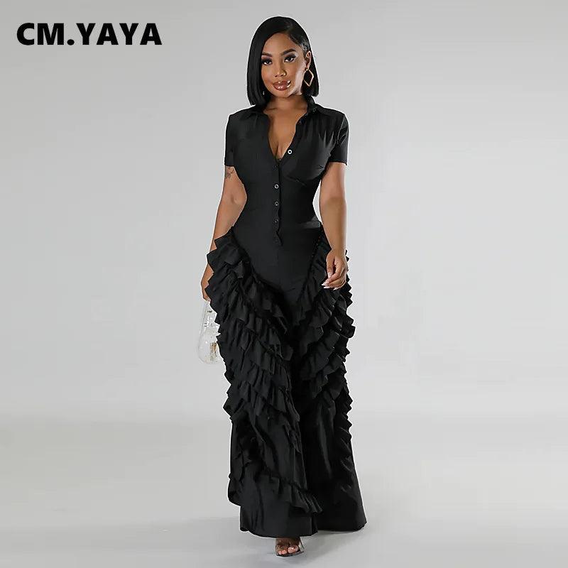 CM.YAYA Fashion Women Mult Ruffles Short Sleeve Zipper Fly Wide Leg Shirt Jumpsuit 2024 Streetwear Romper One Piece Set Playsuit-THAT FASHION STORE