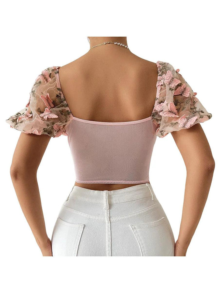 Women Floral Lace Short Sleeve Crop Top Sexy Square Neck Backless Mesh Tights T-Shirts-THAT FASHION STORE