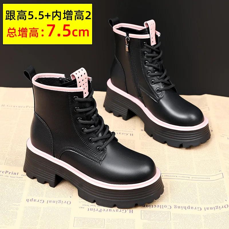 Women Shoes Boots Ankle 2022 New Autumn British Wind Genuine Leather Thick With Fur Ladies Short Boots Motorcycle heels boots-THAT FASHION STORE