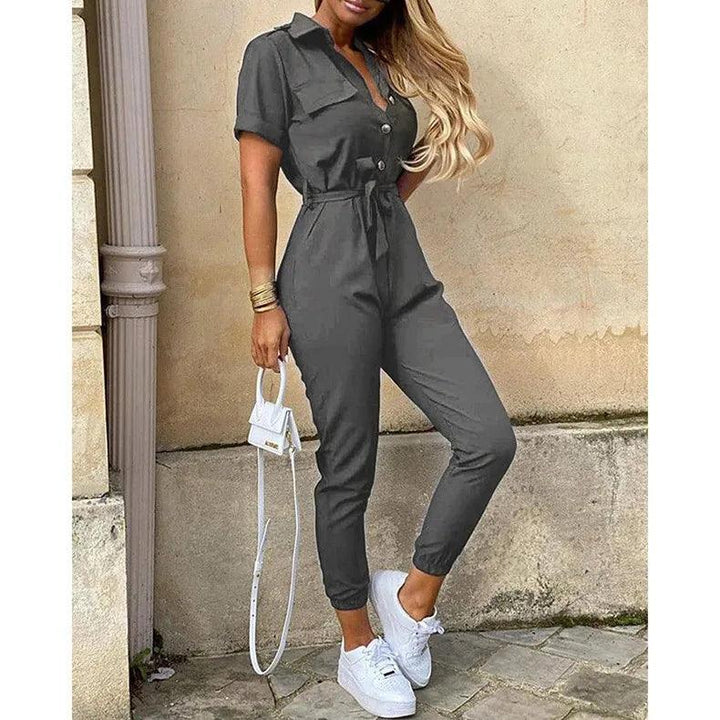 Women's Monochromatic Belt Workwear Jumpsuit, Casual Pants, Flip Collar, Buckle, European and American, Summer, 2023-THAT FASHION STORE