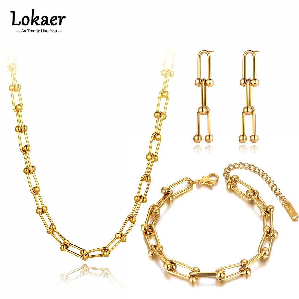 Lokaer Hiphop/Rock Stainless Steel Geometry Chain Link Choker Pendant Necklace Bracelet Earrings Jewelry Sets For Women SE115-THAT FASHION STORE