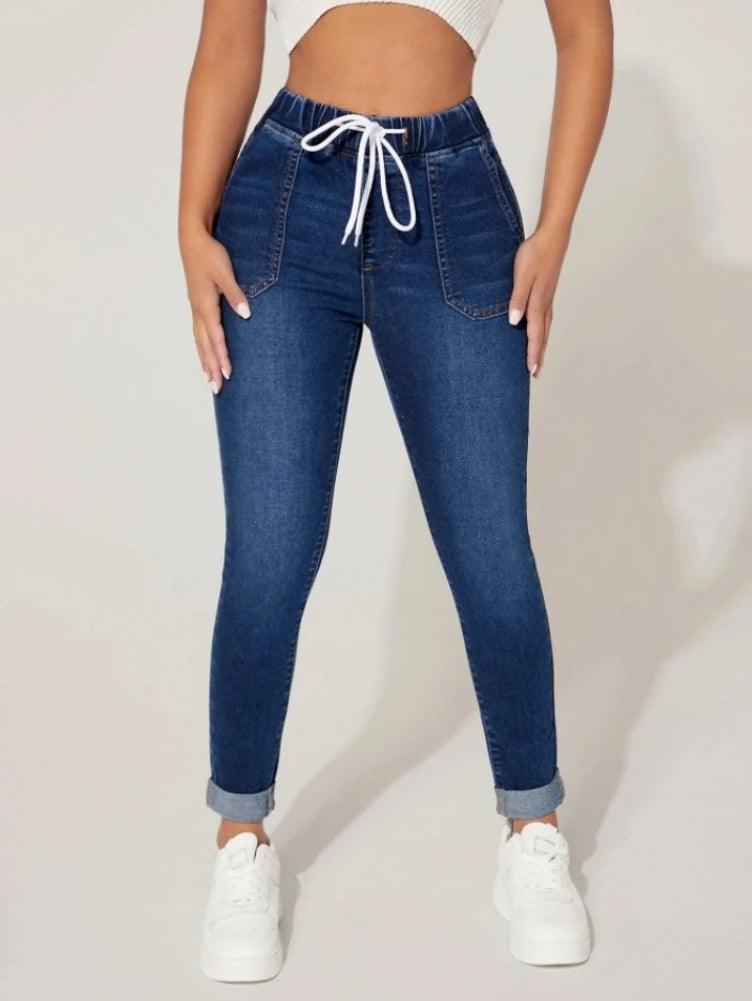 2023 Autumn and Winter Women's High Stretch Elastic Waist Drawstring Jeans Fashion Skinny Slim Ankle-Length Denim Pencil Pants-THAT FASHION STORE